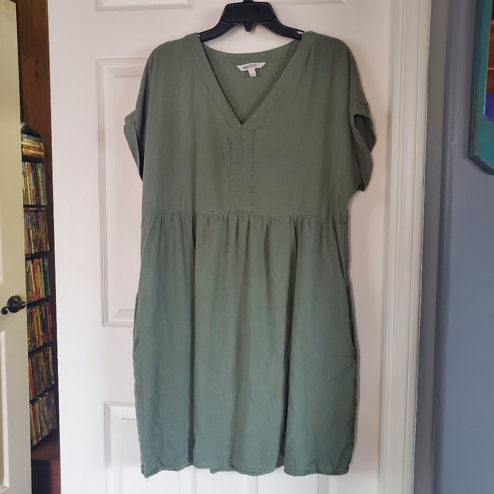 Briggs Linen Blend Peasant Bohemian Dress V-neck Pullover Beachy Green Siz Large
